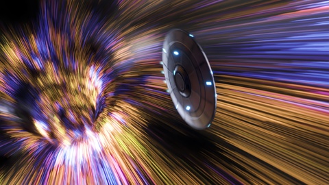 Unidentified Flying Object (UFO) flying through a colourful star tunnel. 4KHD