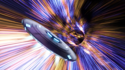 Unidentified Flying Object (UFO) flying through a colourful star tunnel. 4KHD