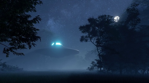 3d. Ufo flew over the wild forest at night