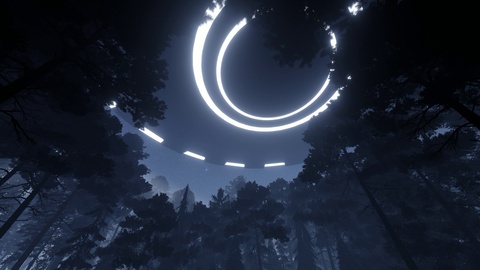 3d render. UFO flies over the forest at night