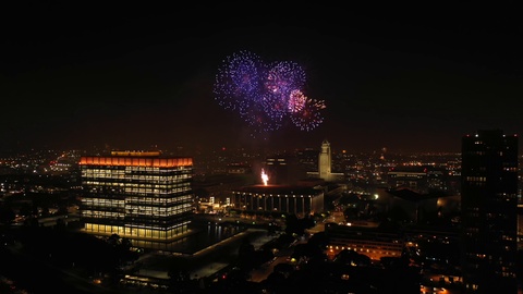 Aerial view of fireworks exploding over downtown Los Angeles on July 4th