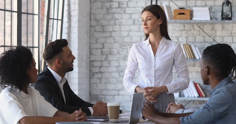 Female ceo discussing corporate project with business team at meeting