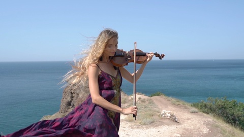 Young adult violinist girl playing classical symphony music on violin