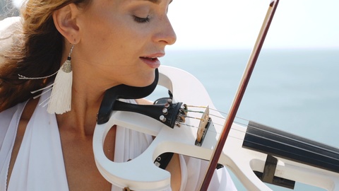 Young adult violinist lady playing classical music on modern violin