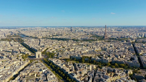 PARIS, FRANCE - MAY, 2019: Aerial drone view of Triumphal Arch and and Eiffel