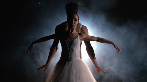 Graceful ballerina and her male partner dancing elements of classical ballet