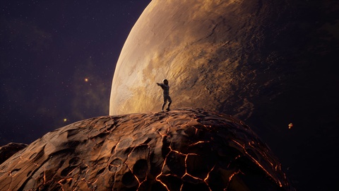 Astronaut dancing on volcanic terrain under cosmic planets