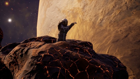 Futuristic space dance: Astronaut on glowing volcanic rock