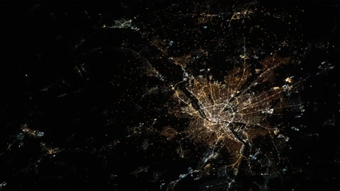 City at night satellite aerial view animation