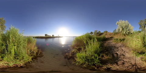 360 VR Nature on the river bank at sunset