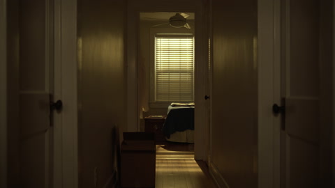 Dark Hallway at Night in Empty House, Wide Static Shot