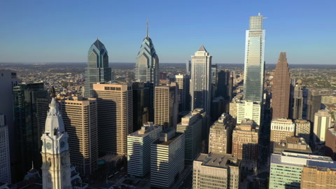 Aerial Drone Philadelphia Skyline William Penn Statue City Hall Morning