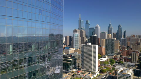 Aerial Drone Shot Reveal of Philadelphia Skyline from U Penn