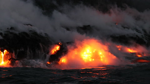 Lava flowing into the ocean from lava volcanic eruption on Big Island Hawaii