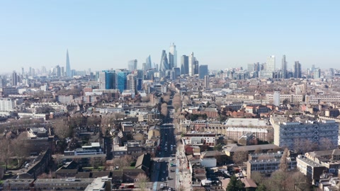 Dolly forward drone shot towards city of London skyscraper cluster over