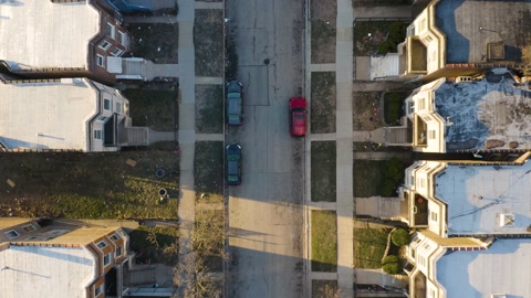 Top Down Aerial View of City Street in South Side Chicago Neighborhood