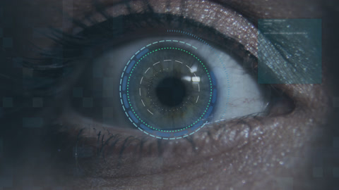 Close-up of womans eye opens anxiously with an infographic demonstration