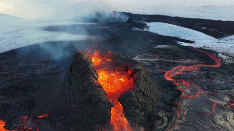 4K Drone aerial video of Iceland Volcanic eruption 2021. The volcano