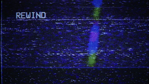 Rewind sign, arrows marks, VHS noise texture. Static noise, glitch effect