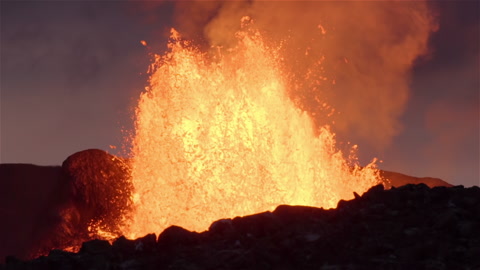 Powerful volcanic eruption at dusk slow motion Iceland 2021