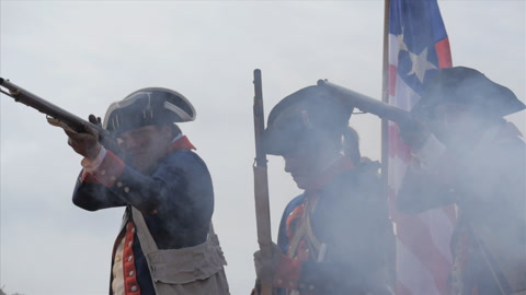 American Revolutionary War combat with SPFX explosions - Soldiers in battle.