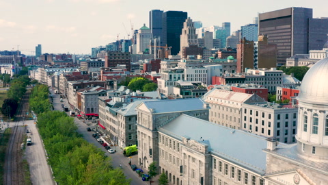 Aerial Drone of Old Port in Montreal Quebec Downtown Cityscape