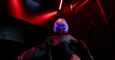 Art cyberpunk video with a woman in glowing glasses. The video has the effect of