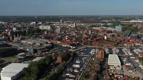 High aerial drone view of the City of Hull whilst moving to the left to