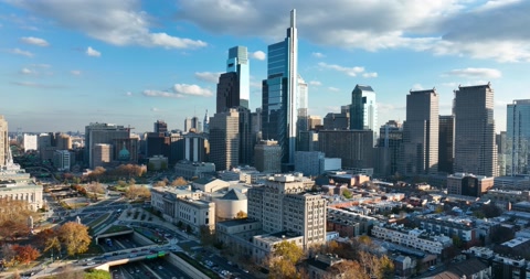 Aerial establishing shot of Philadelphia city skyline in Pennsylvania USA.