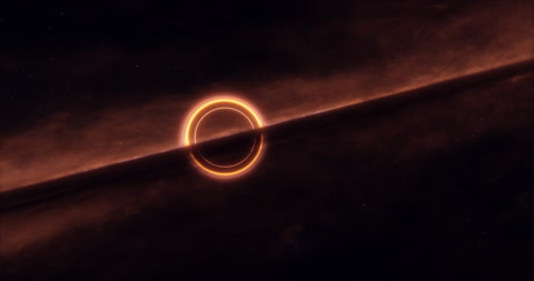 Black hole with lensing effect and accretion disk. Stars background.