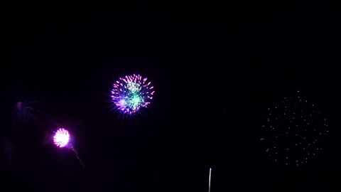 Purple and pink fireworks with green centers explode in showers of light.