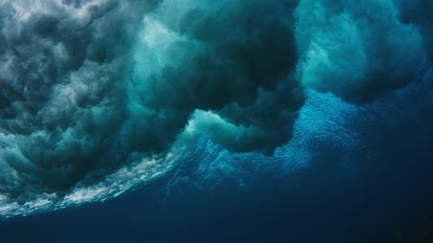 Underwater view of the rolling and breaking ocean wave and crystal clear water