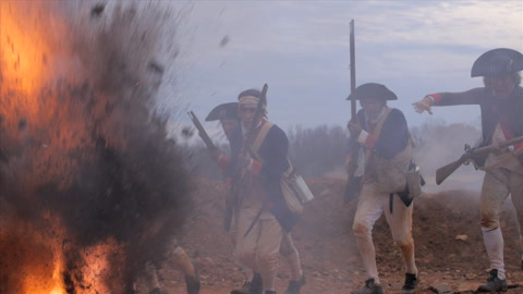 American Revolutionary War combat with SPFX explosions - Soldiers in battle.