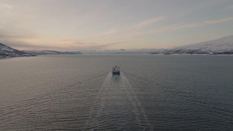 Aerial view of freight cargo ship in Norwegian Sea. Trade and transport