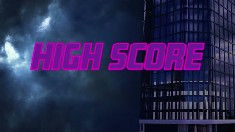 Animation of high score text over lightning and cityscape