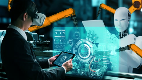 Cybernated industry robot and human worker working together in future factory