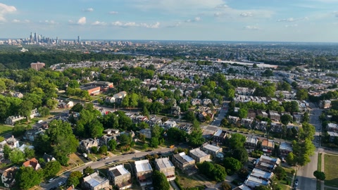 Aerial view of the Philadelphia suburbs. Large neighborhoods with city