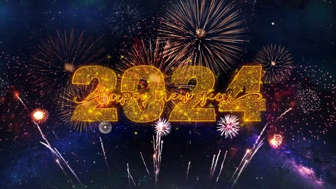 Happy New Year 2024 Text Typography Particles Fireworks Explosion Sparks Night