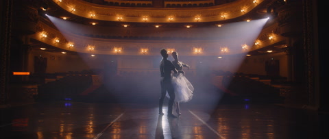 Classical ballet dancers practice on theatre stage