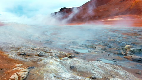 Geothermal Area in Iceland, Volcanic Activity. Evaporating Water Energy, Martian