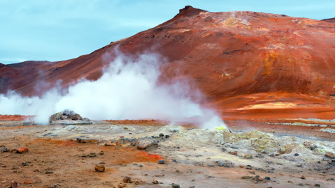 Geothermal Area in Iceland, Volcanic Activity. Evaporating Water Energy, Martian