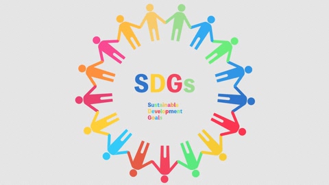 Loop animation of the SDGs logo, people holding hands, and a tree appearing..