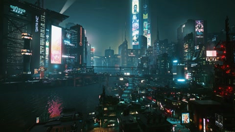 Aerial View Of Futuristic City In Cyberpunk 2077 At Night (4K) V2