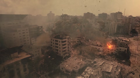 Aerial view of ruined Palestine city. Huge explosion after Israel bombing. War