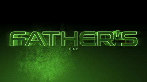 Glowing neon green Fathers Day text with futuristic font and lightning bolts on