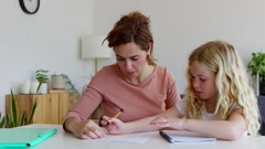 Young little cute girl doing homework with her mother at home. [254236542] | 写真素材・ストックフォトのアフロ