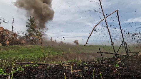 Mine explosion in the field. A real war, hostilities.