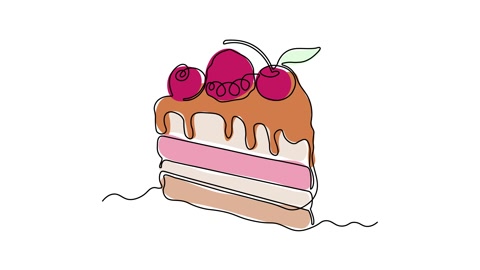 Self drawing animation one continuous line draw, logo, piece of cake with berry