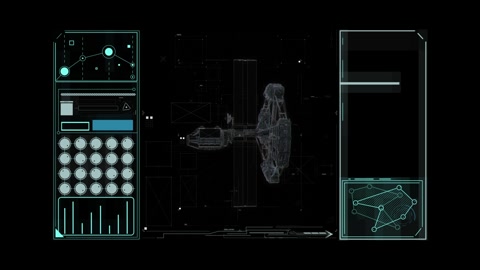 Spaceship holographic structure on hud interface screen with complex infographic